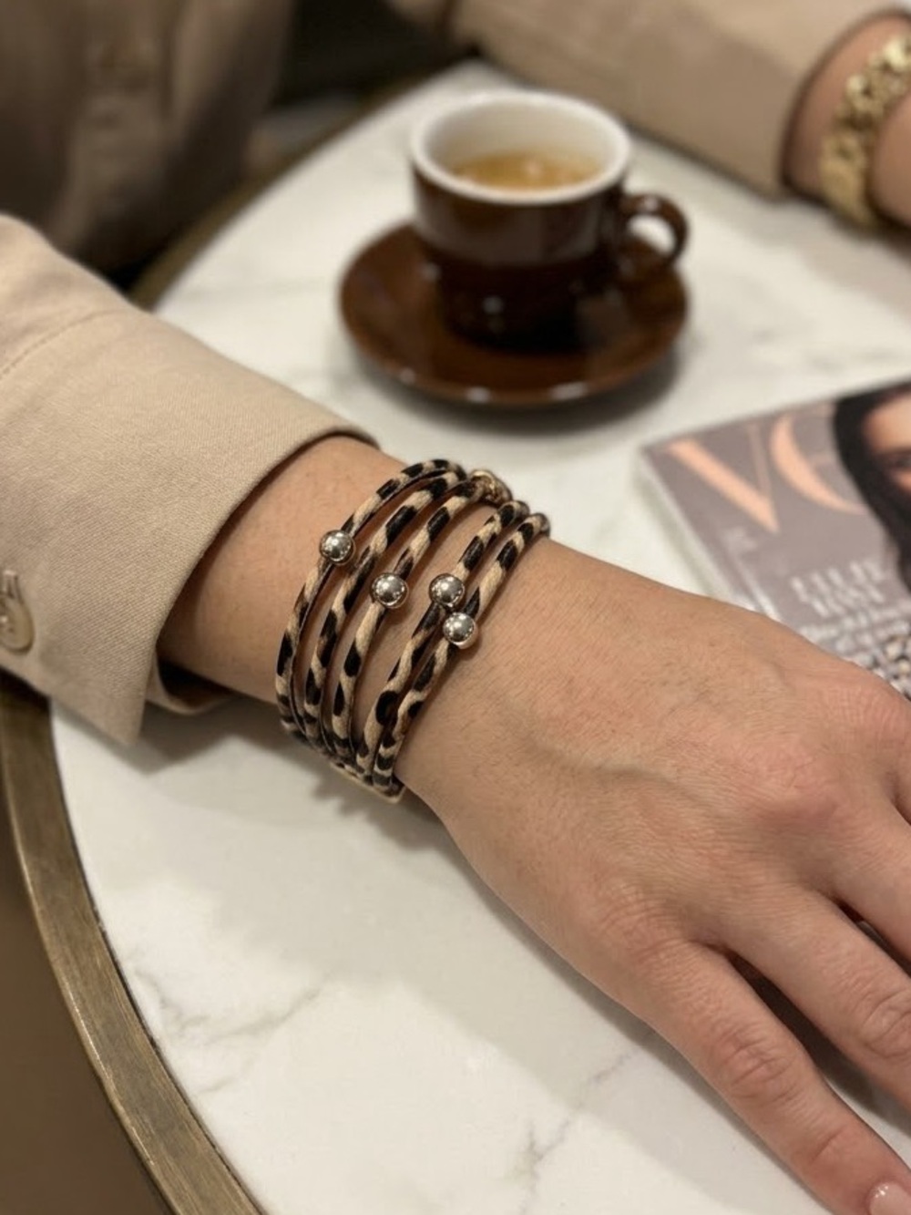 Leopard Print Multi-Strand Wrap Bracelet with Gold Beads - Boutique